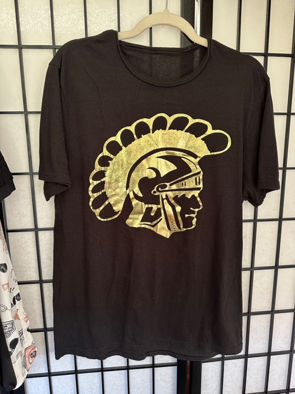 Men's Black Short-Sleeve Tee with Gold Trojan Helmet Graphic